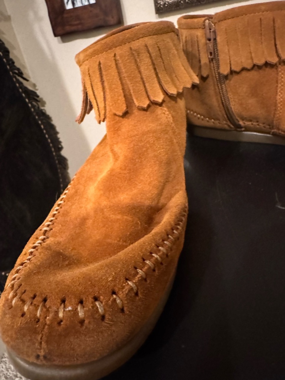 AEROSOLES Y2K Brown Suede Fringe Moccasin Ankle Boot